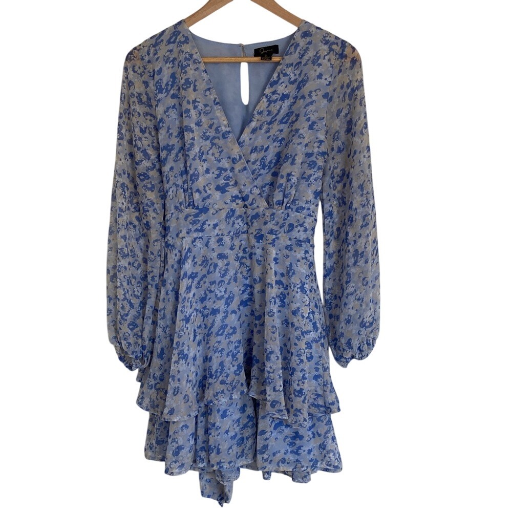 Japna Womens Blue Floral Sheer Long Sleeve Ruffle Mini Dress Size‎ Large Feminin